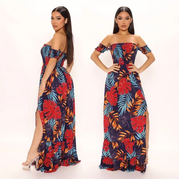 Laurel Off Shoulder Tropical Vacation Maxi Rayon Dress - Picture 1 of 7